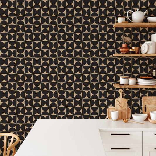 Half Circle Tile Wallpaper - Charcoal on Beige