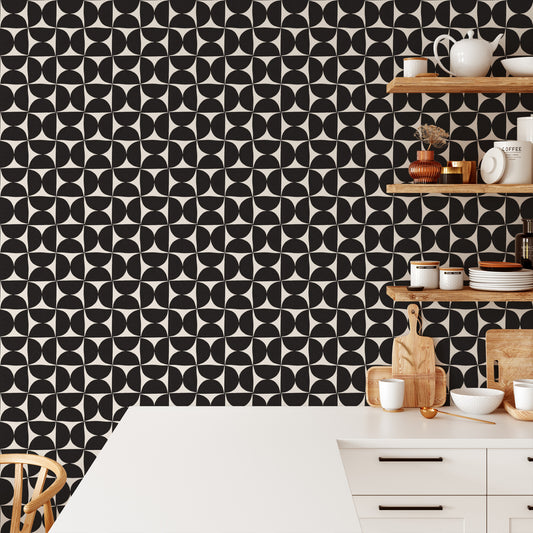 Half Circle Tile Wallpaper - Charcoal on Cream