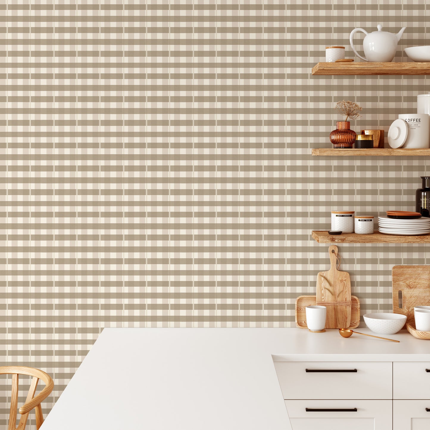 Featuring soft, cloudy sand tones and intricate plaid stripes, this hand-drawn wallpaper shown in a full size image.