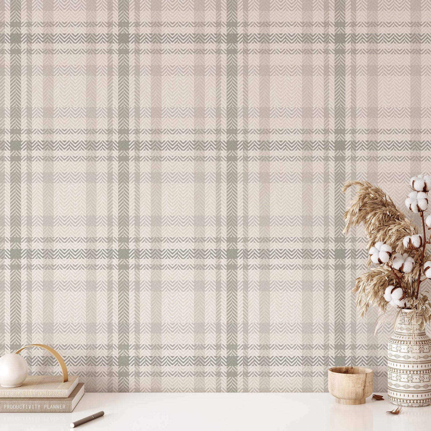 Heritage Plaid Wallpaper in Ivory shown in an office.