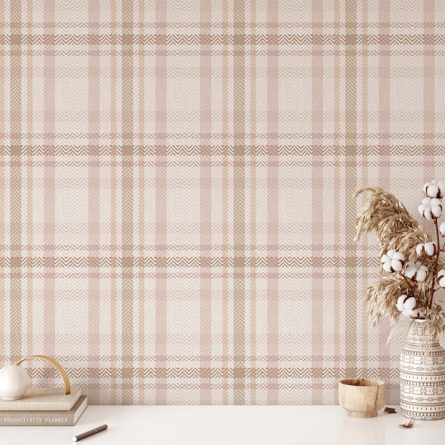 Heritage Plaid Wallpaper in Blush shown in an office.