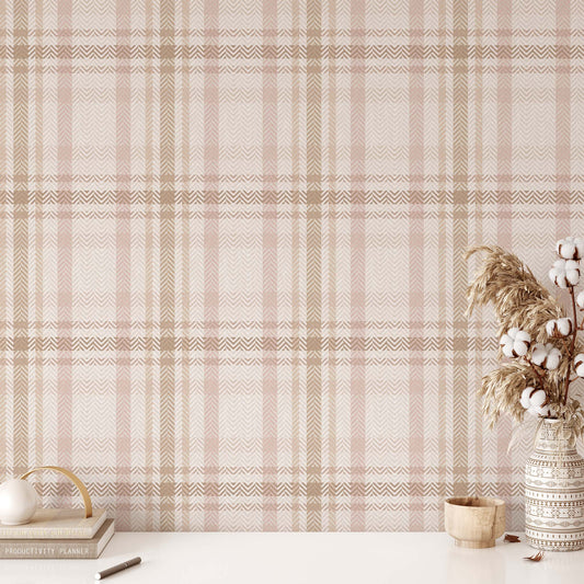 Heritage Plaid Wallpaper in Blush shown in an office.