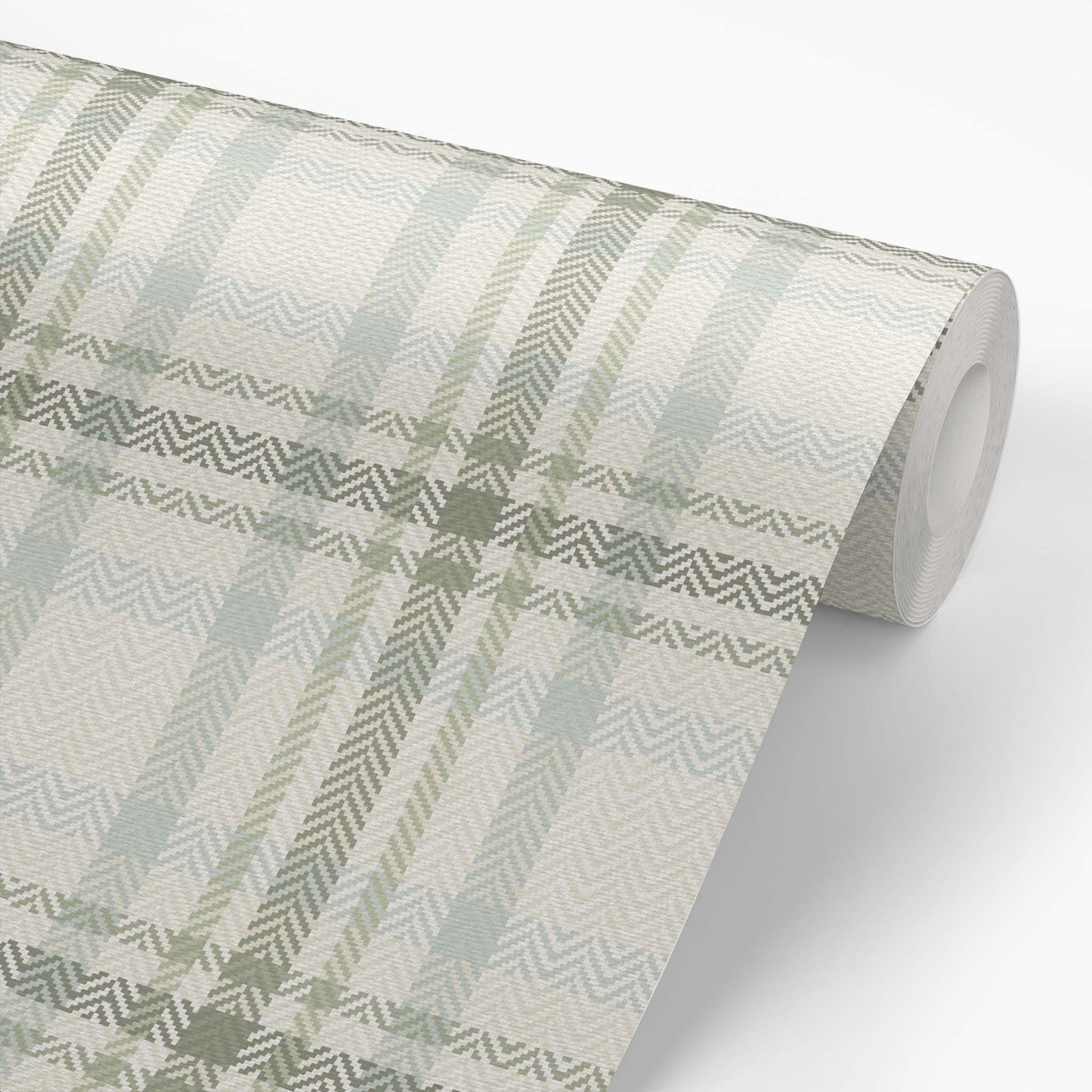 Heritage Plaid Wallpaper in Sage shown on a wallpaper roll.