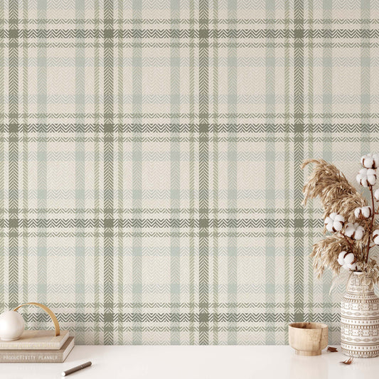 Heritage Plaid Wallpaper in Sage shown in an office.