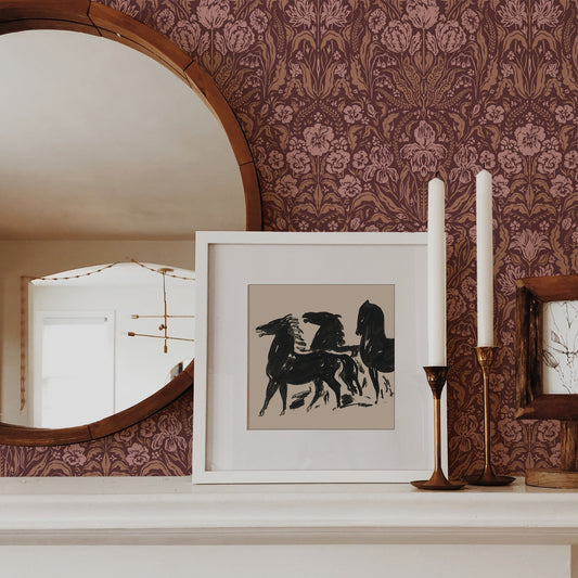 Heritage Spring Wallpaper in Burgundy shown on a fireplace.