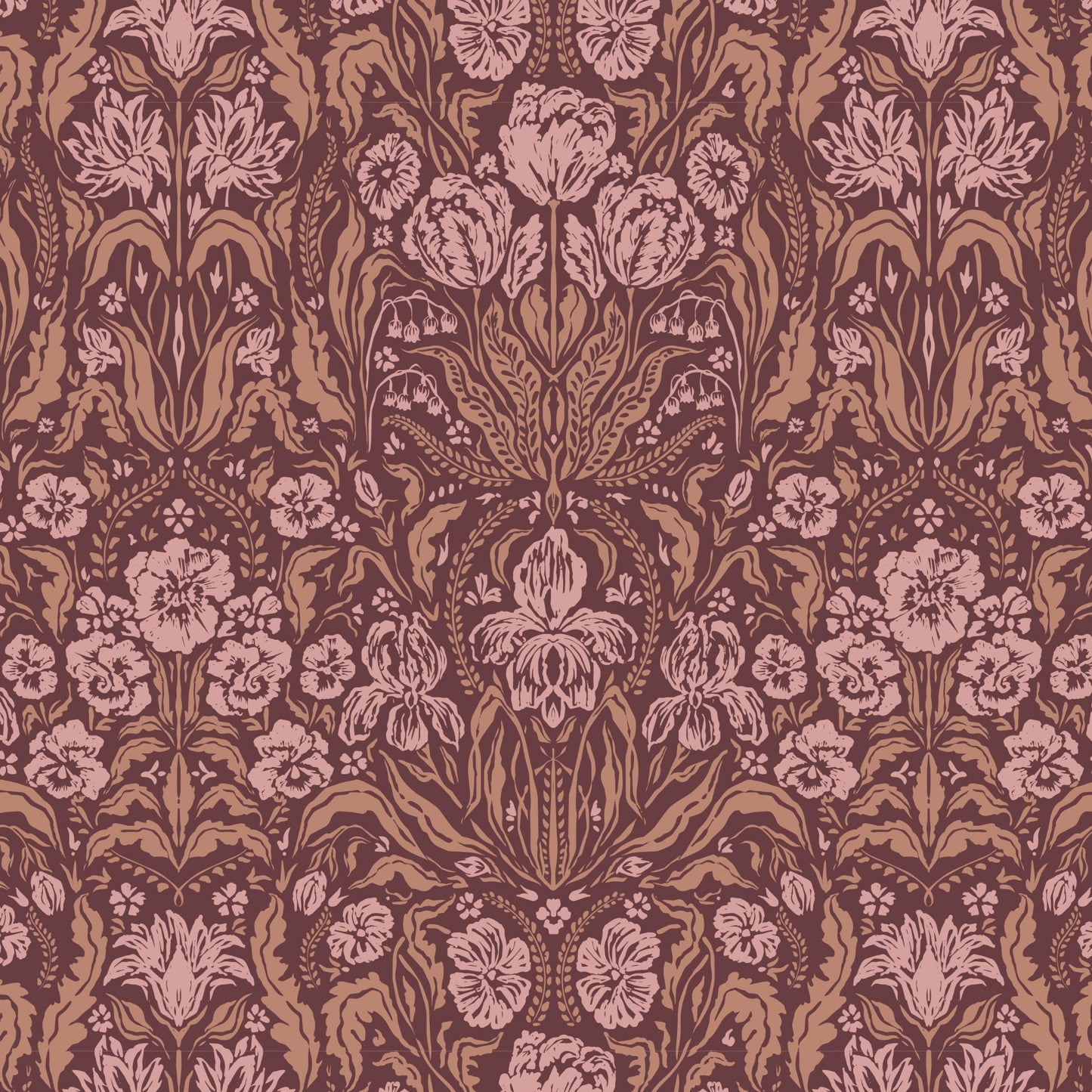 Heritage Spring Wallpaper in Burgundy shown close up.