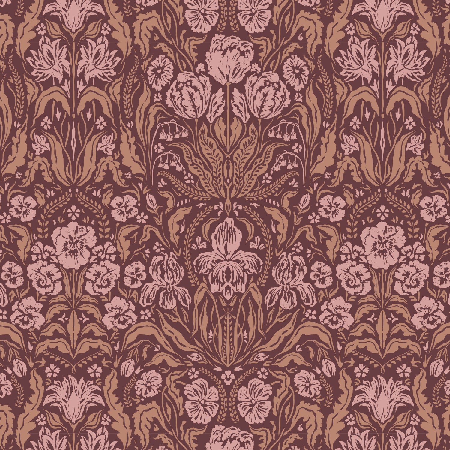 Heritage Spring Wallpaper in Burgundy shown close up.