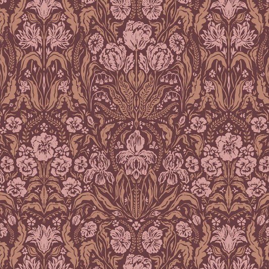 Heritage Spring Wallpaper in Burgundy shown close up.