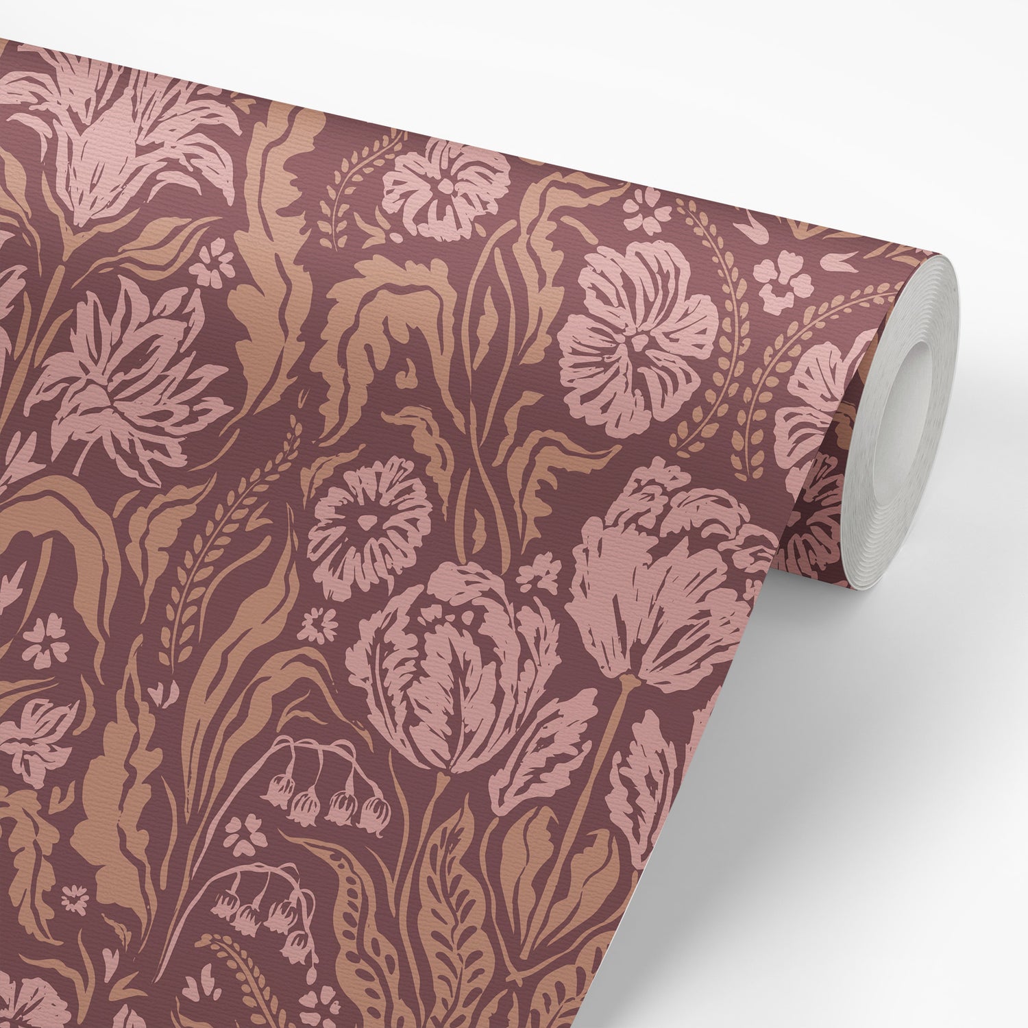 Heritage Spring Wallpaper in Burgundy shown on a wallpaper roll.