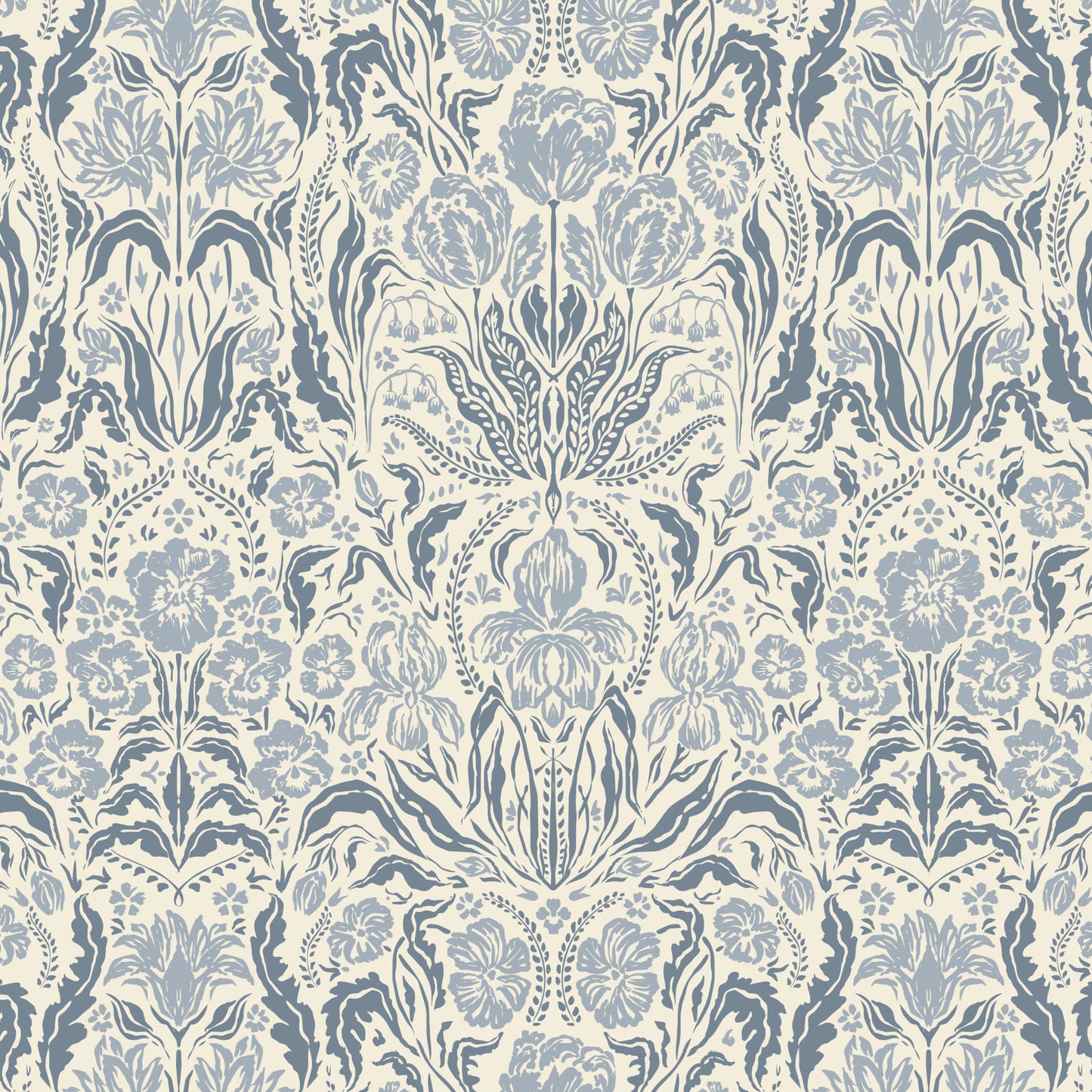 Heritage Spring Wallpaper in Cream and Blue shown close up.