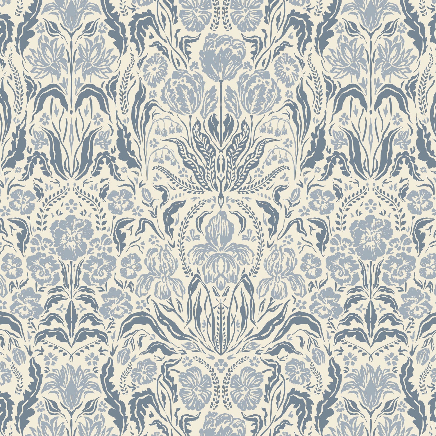 Heritage Spring Wallpaper in Cream and Blue shown close up.
