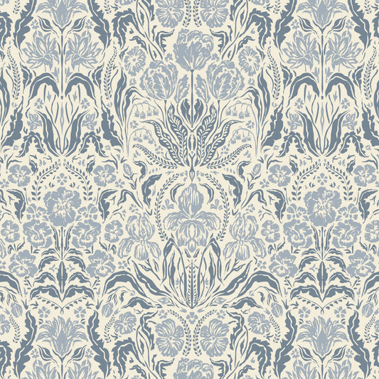 Heritage Spring Wallpaper in Cream and Blue shown close up.