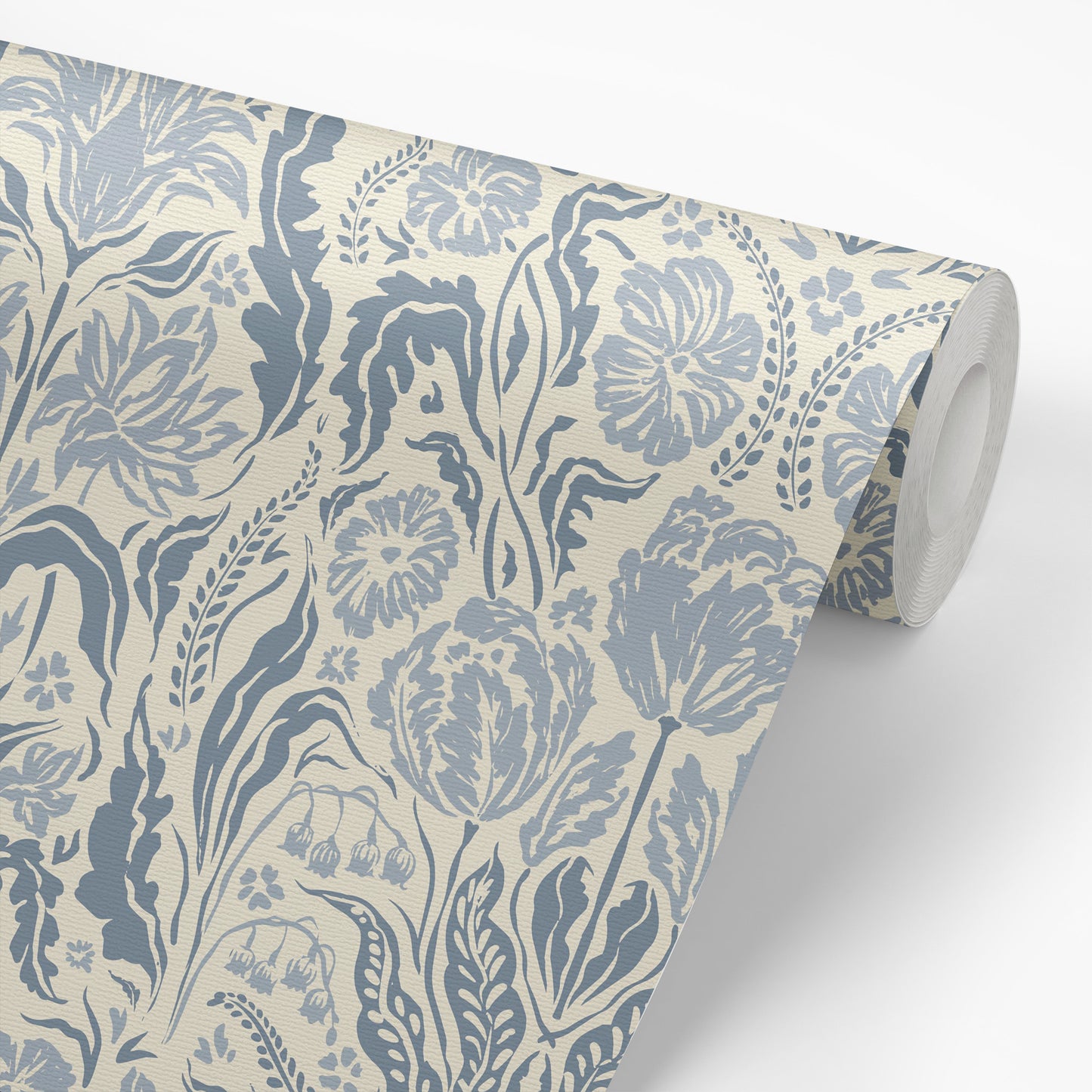 Heritage Spring Wallpaper in Cream and Blue shown on a wallpaper roll.
