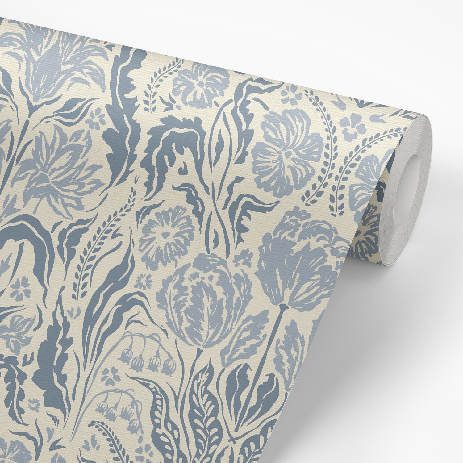 Heritage Spring Wallpaper in Cream and Blue shown on a wallpaper roll.