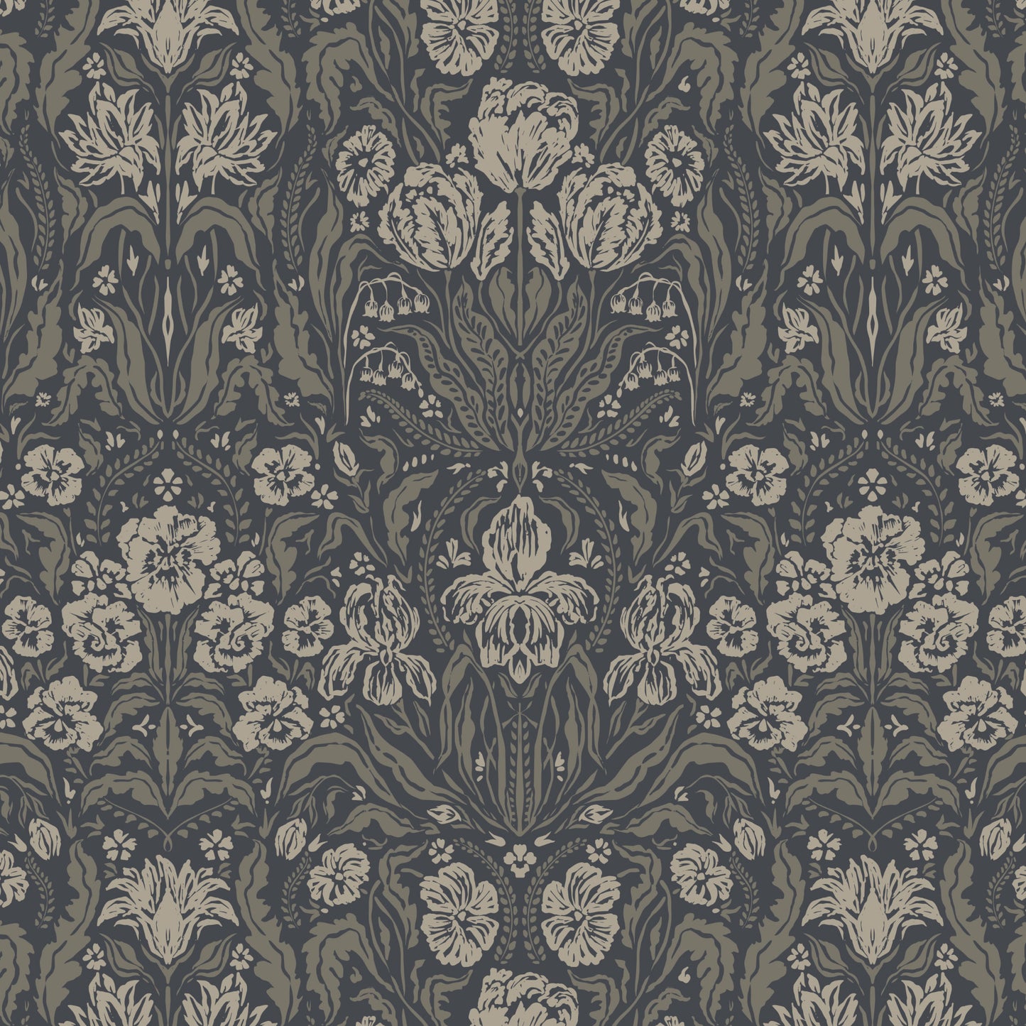 Heritage Spring Wallpaper in Dark Gray shown close up.