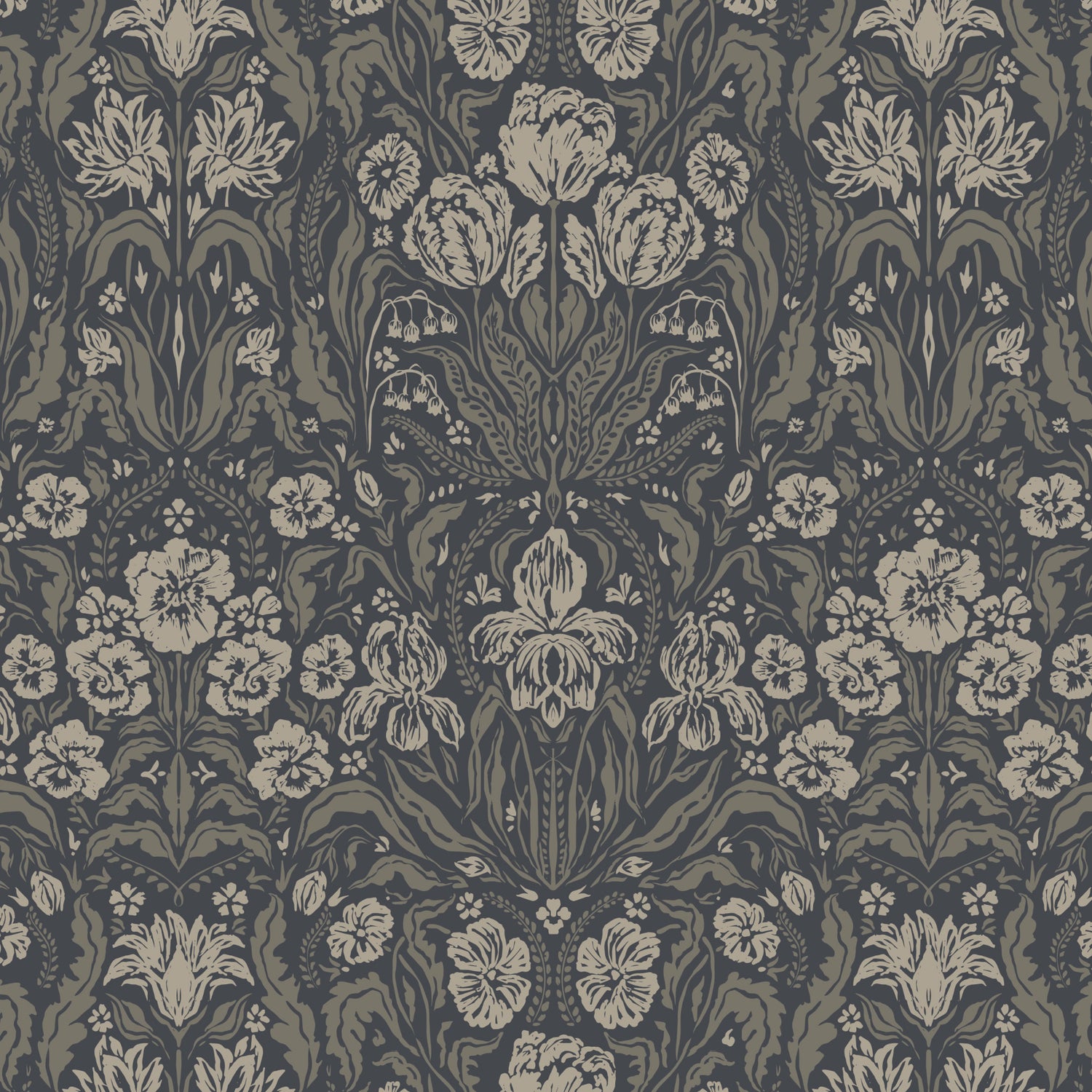 Heritage Spring Wallpaper in Dark Gray shown close up.