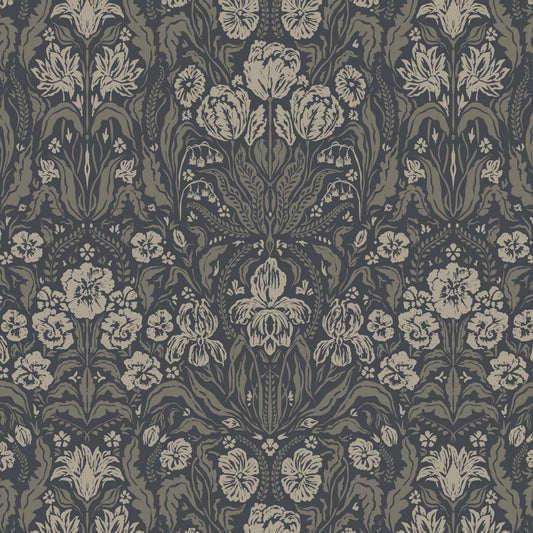 Heritage Spring Wallpaper in Dark Gray shown close up.