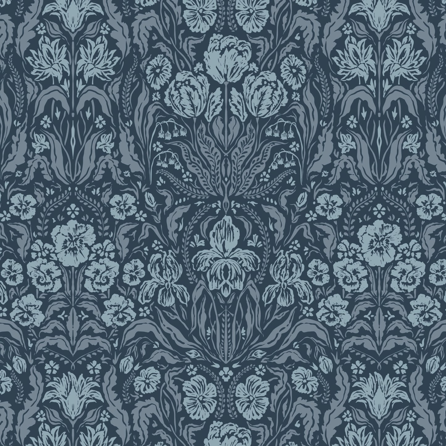 Heritage Spring Wallpaper in Dusty Blue shown close up.