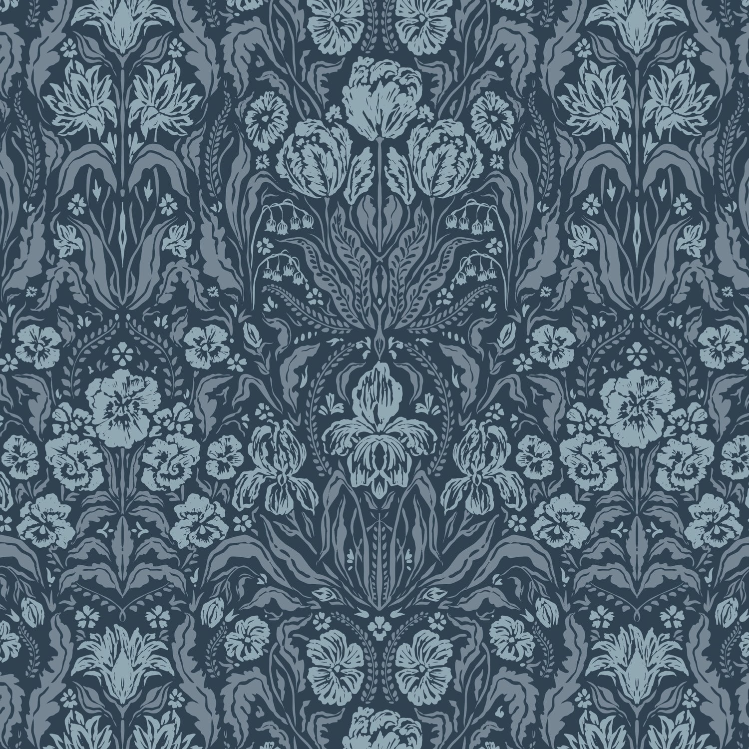Heritage Spring Wallpaper in Dusty Blue shown close up.
