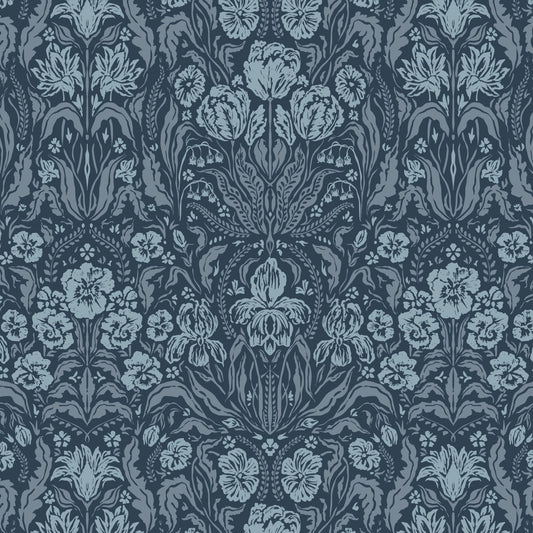Heritage Spring Wallpaper in Dusty Blue shown close up.