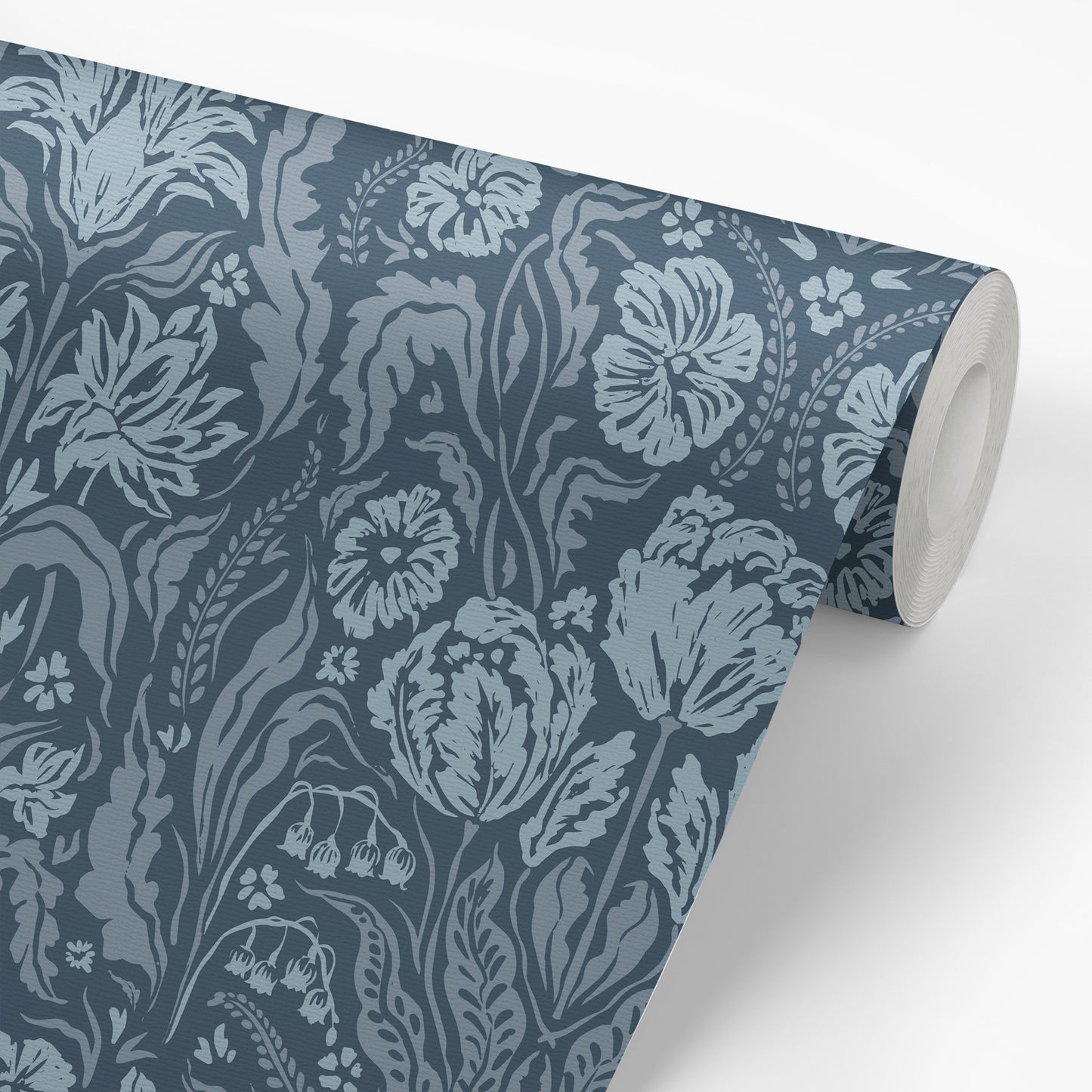 Heritage Spring Wallpaper in Dusty Blue shown on a wallpaper roll.