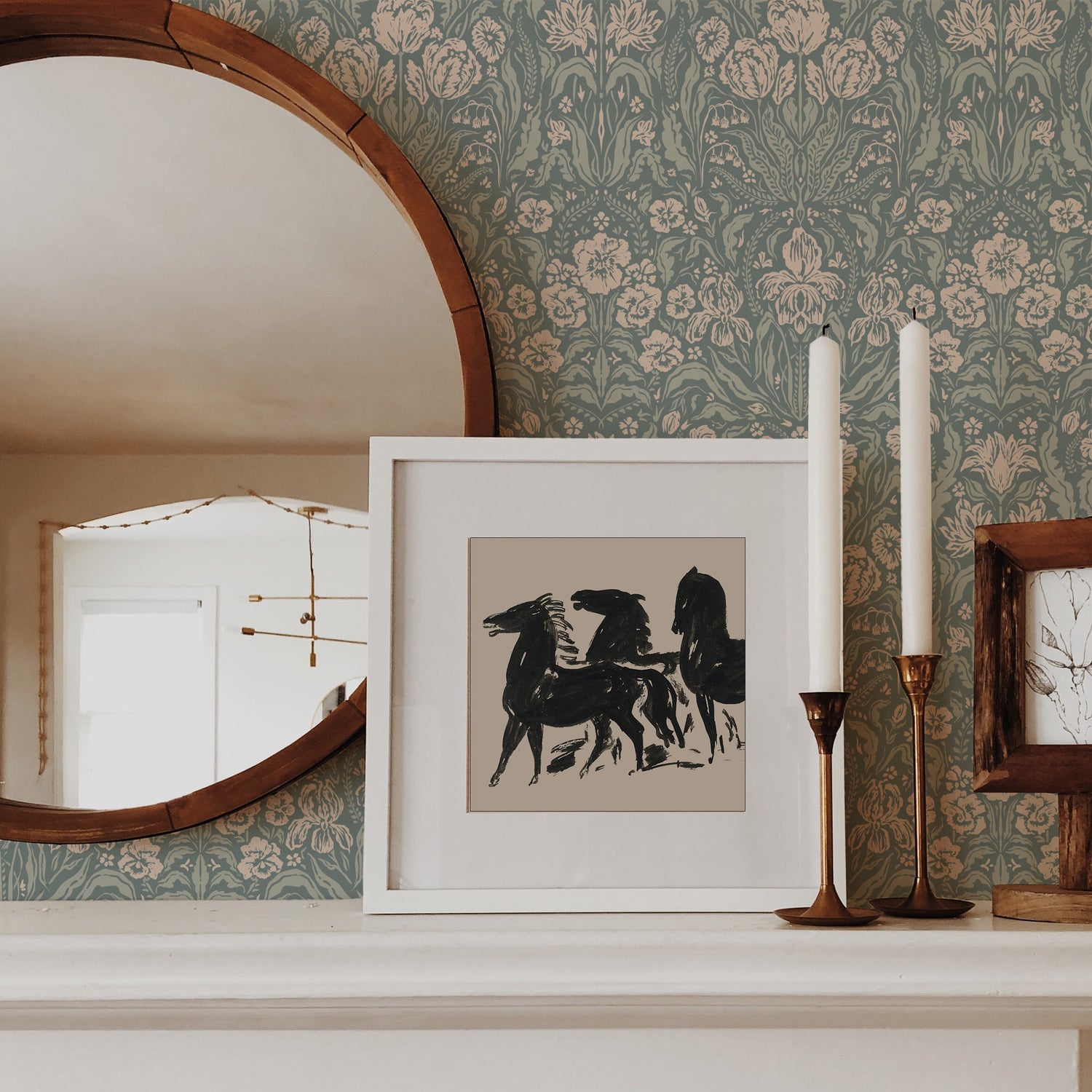  Heritage Spring Wallpaper in Dark Teal shown on a fireplace.