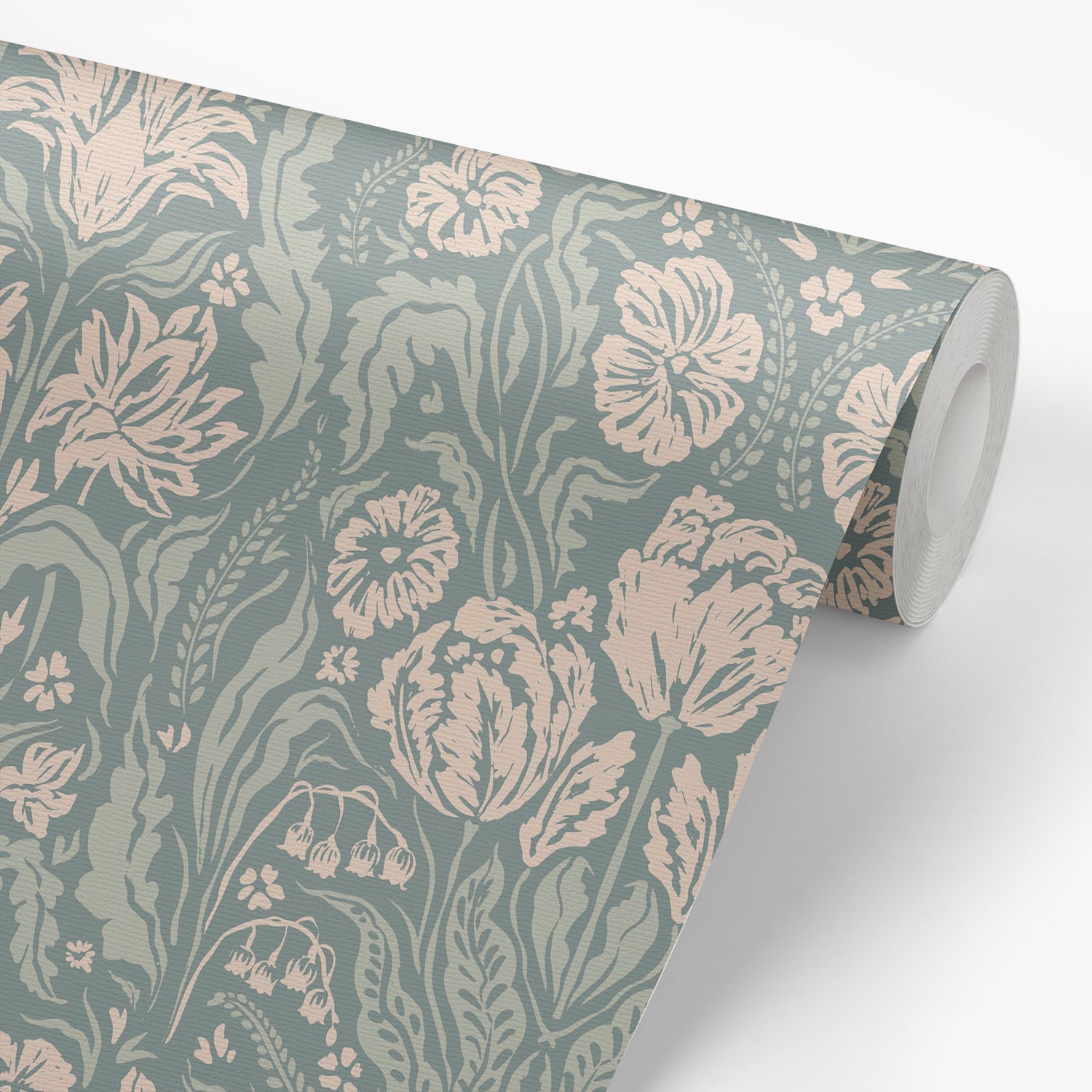  Heritage Spring Wallpaper in Dark Teal shown on a wallpaper roll.