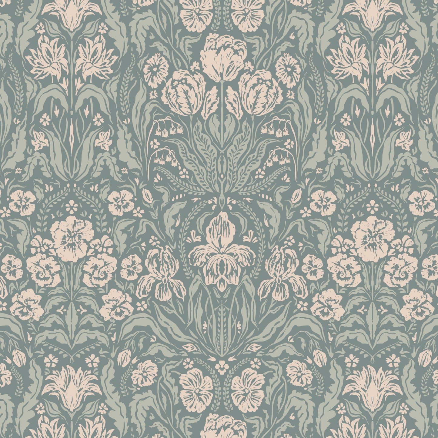  Heritage Spring Wallpaper in Dark Teal shown close up.