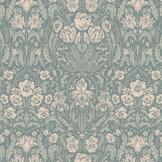 Heritage Spring Wallpaper in Dark Teal shown close up.