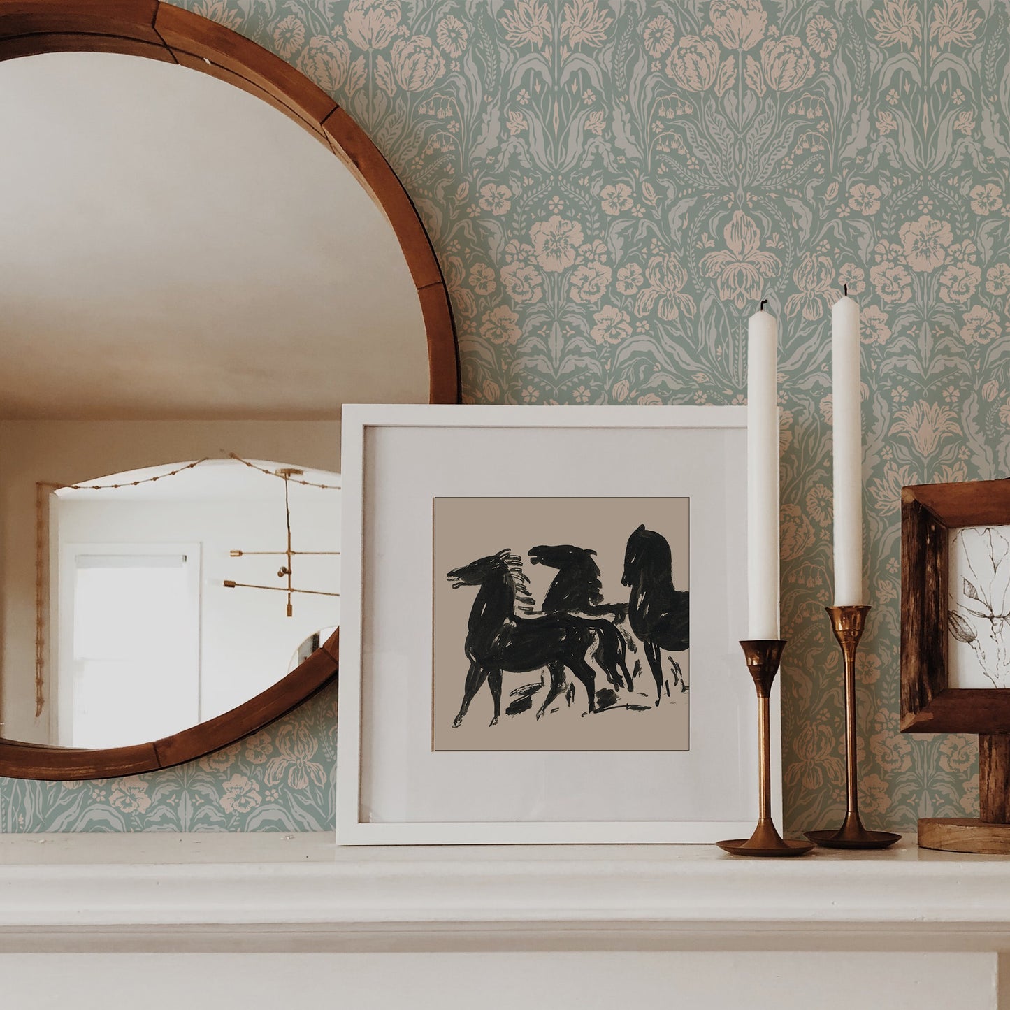 Heritage Spring Wallpaper in Light Teal shown on a fireplace.