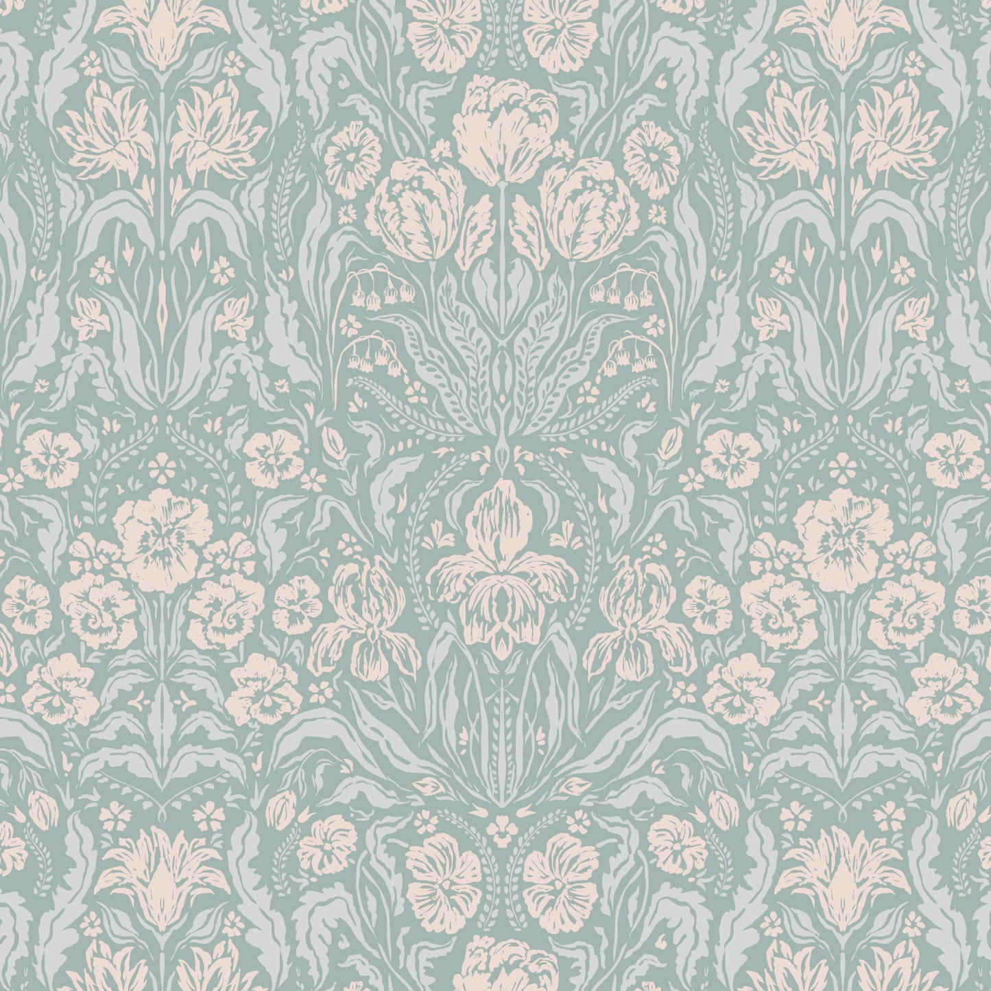 Heritage Spring Wallpaper in Light Teal shown close up.
