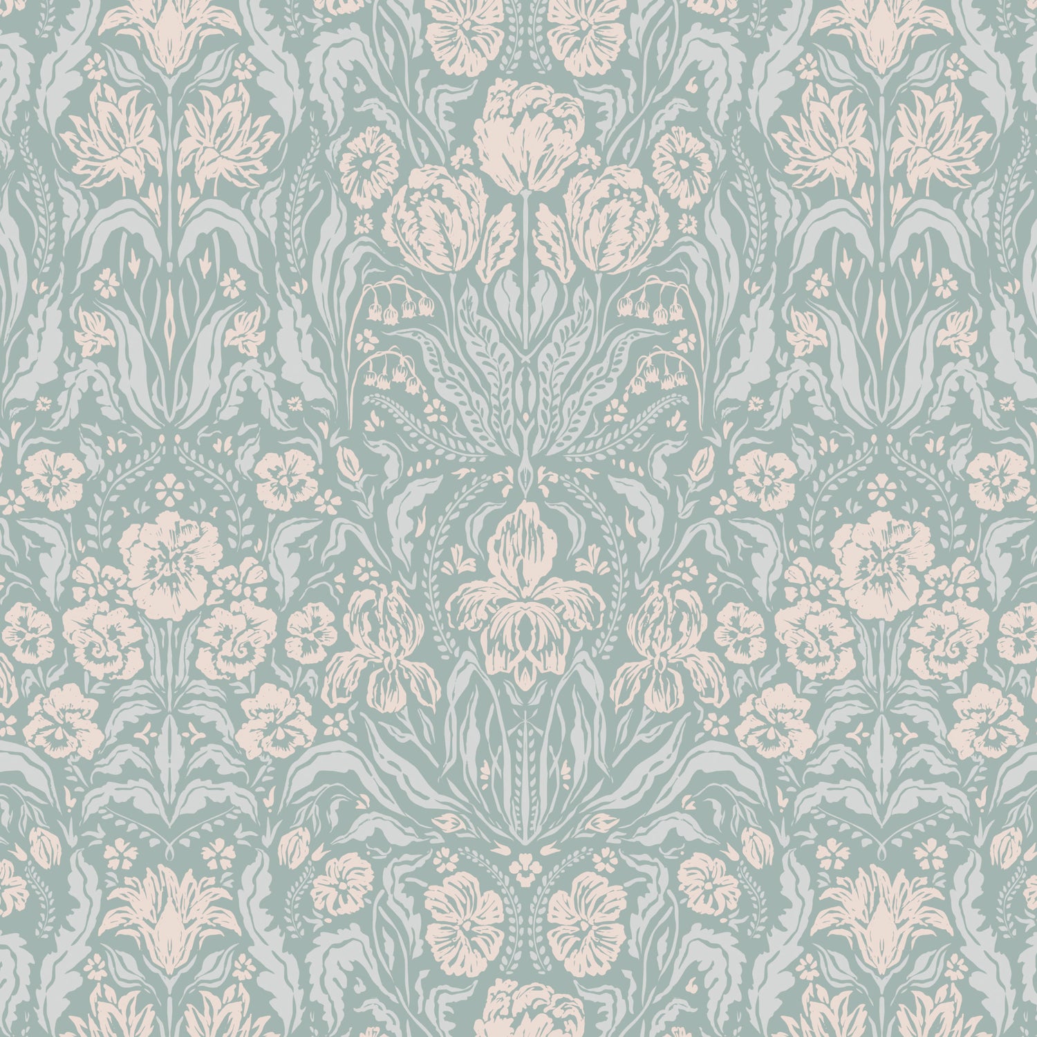 Heritage Spring Wallpaper in Light Teal shown close up.