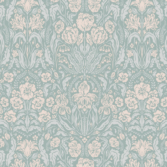 Heritage Spring Wallpaper in Light Teal shown close up.