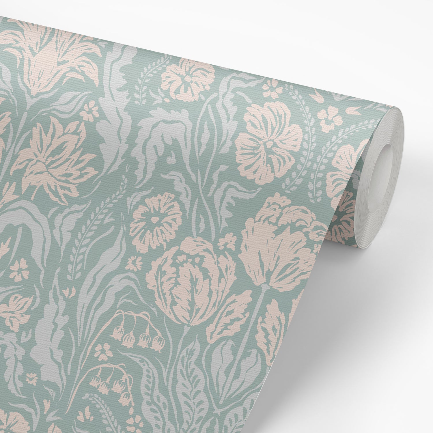 Heritage Spring Wallpaper in Light Teal shown on a wallpaper roll.