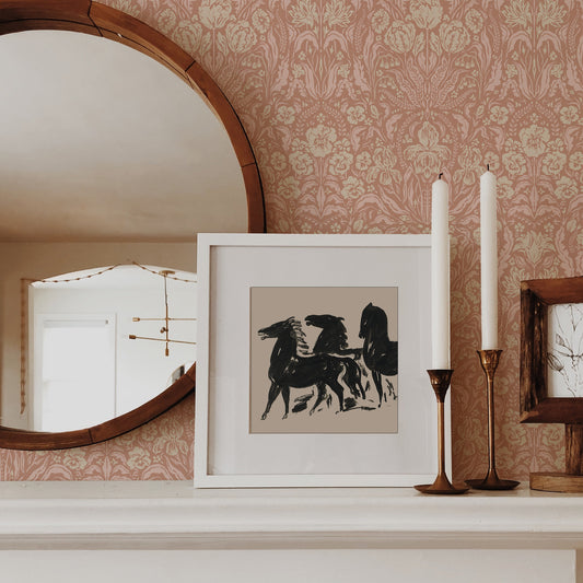 Heritage Spring Wallpaper in Muted Pink shown on a fireplace.
