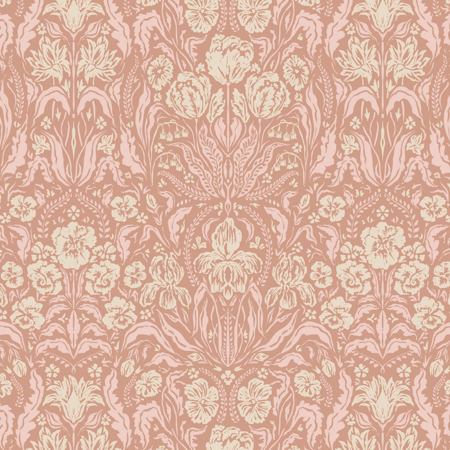 Heritage Spring Wallpaper in Muted Pink shown close up.