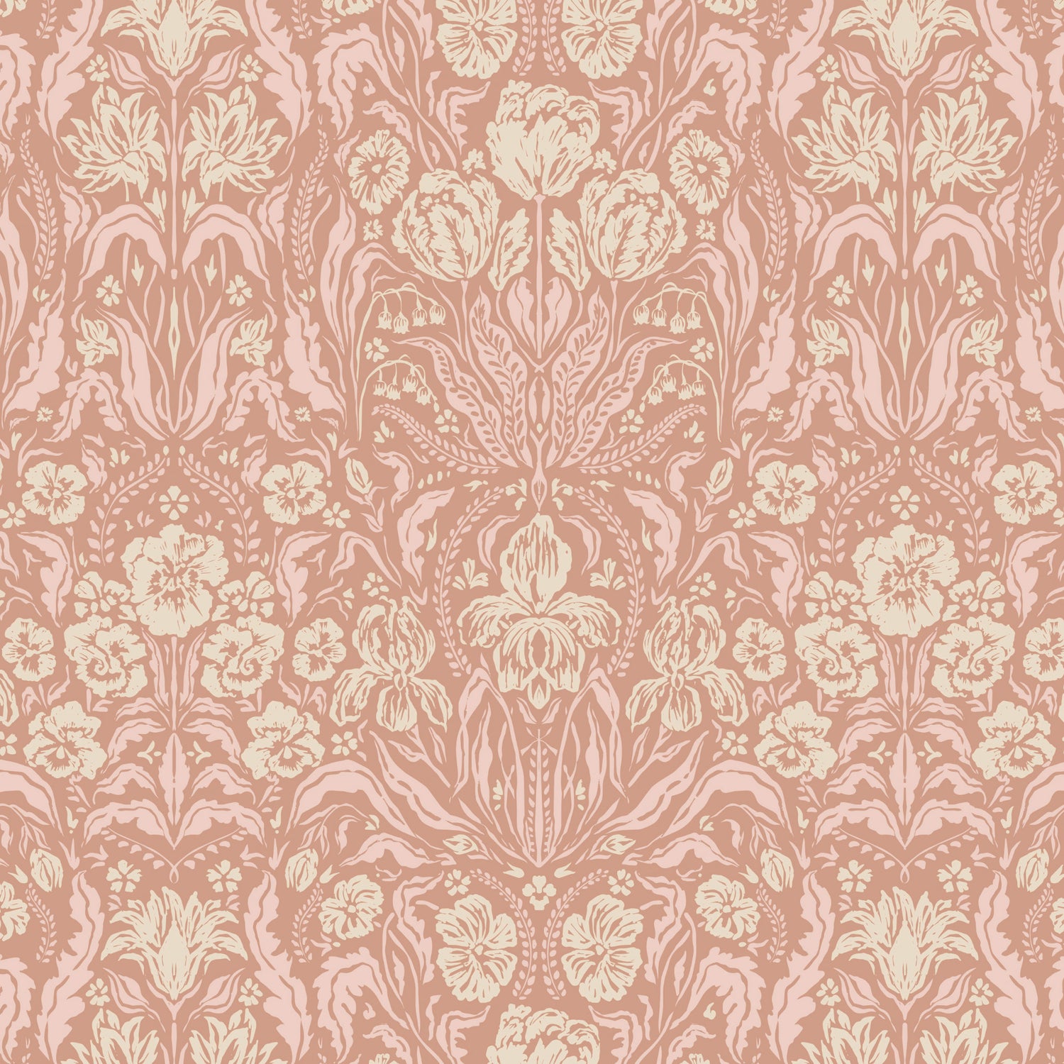 Heritage Spring Wallpaper in Muted Pink shown close up.