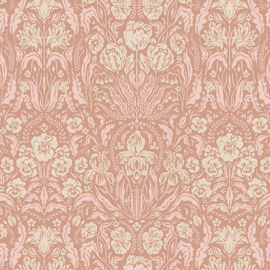 Heritage Spring Wallpaper in Muted Pink shown close up.