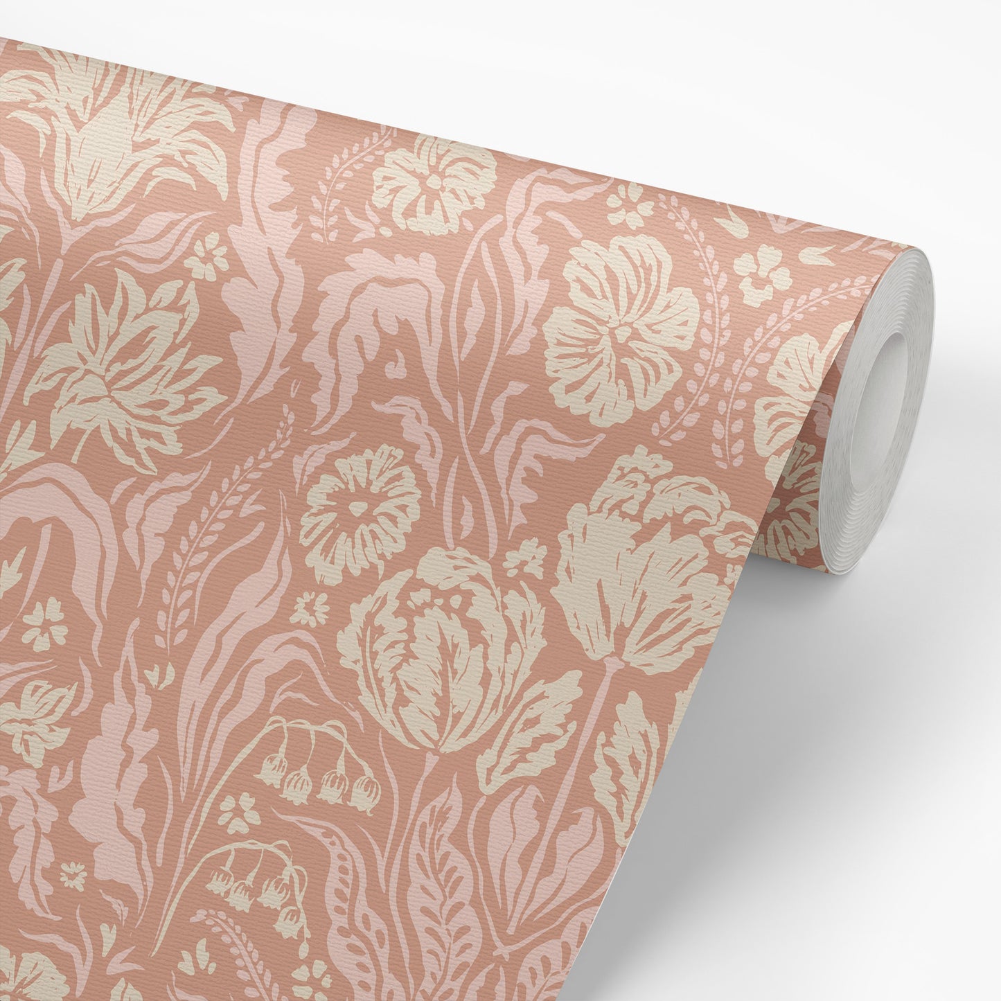 Heritage Spring Wallpaper in Muted Pink shown on a wallpaper roll.