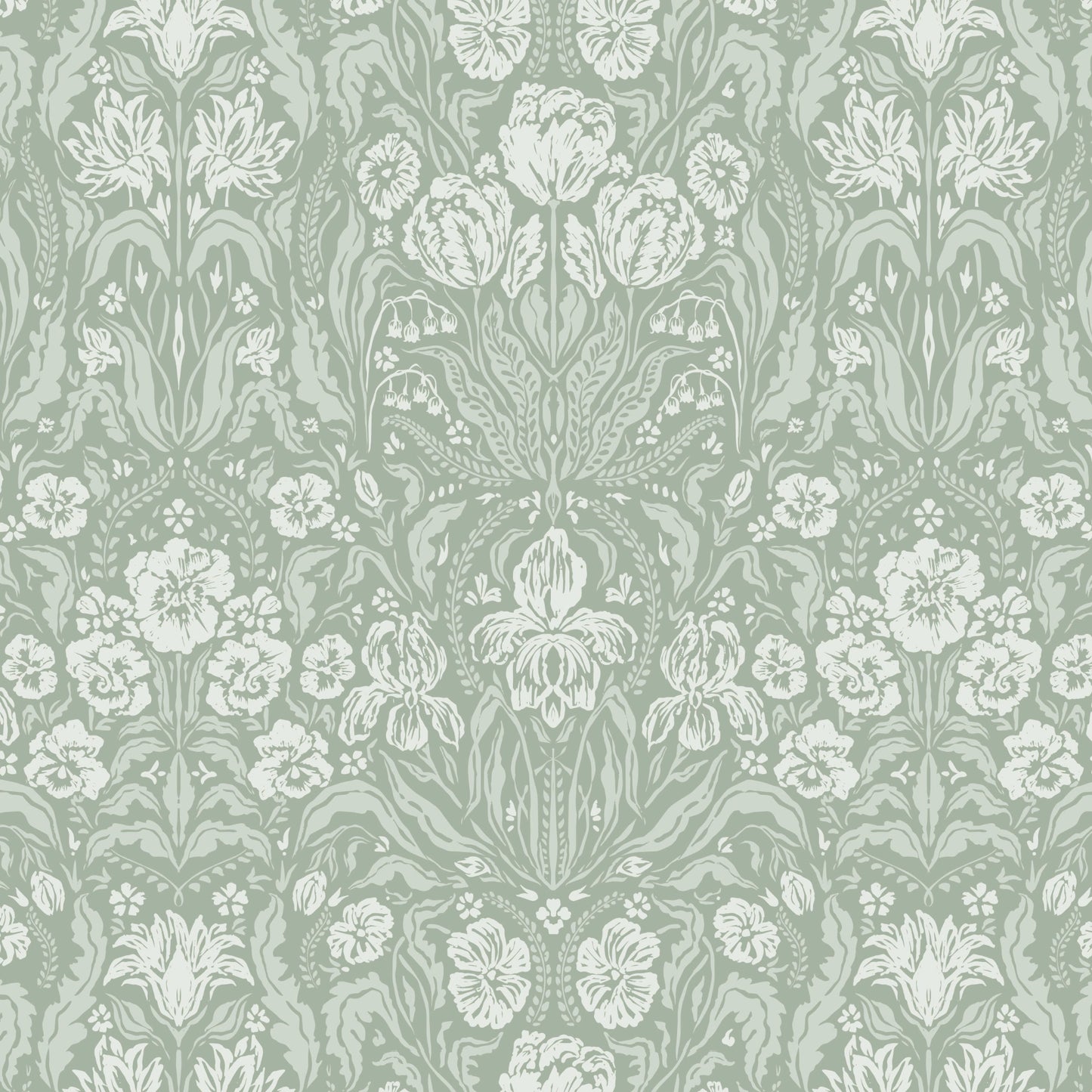 Heritage Spring Wallpaper in Sage shown close up.