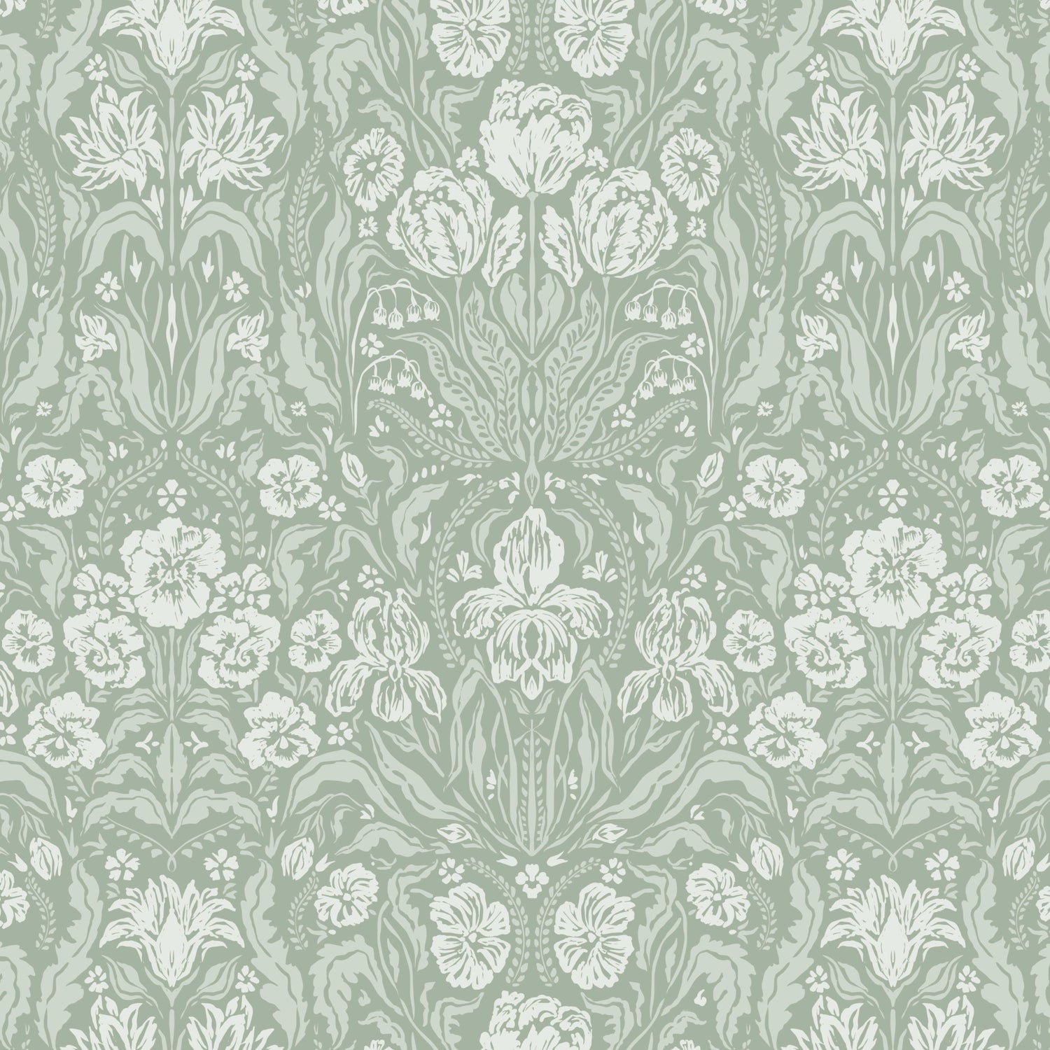Heritage Spring Wallpaper in Sage shown close up.