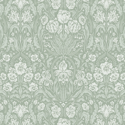 Heritage Spring Wallpaper in Sage shown close up.