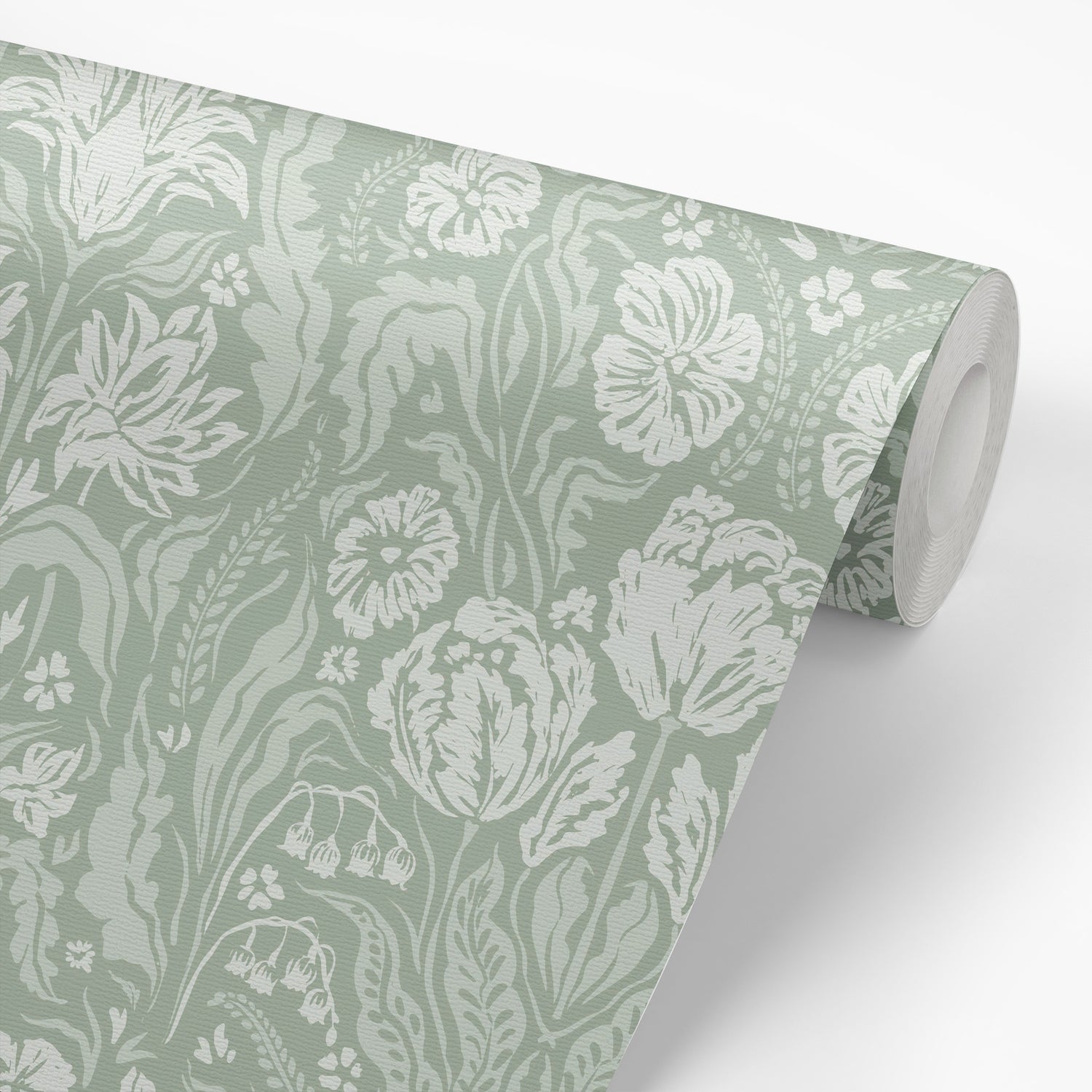 Heritage Spring Wallpaper in Sage shown on a wallpaper roll.