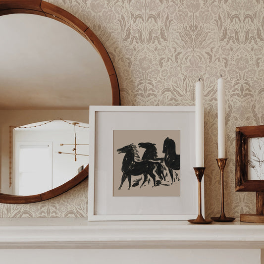 Heritage Spring Wallpaper in Sandalwood shown on a fireplace.