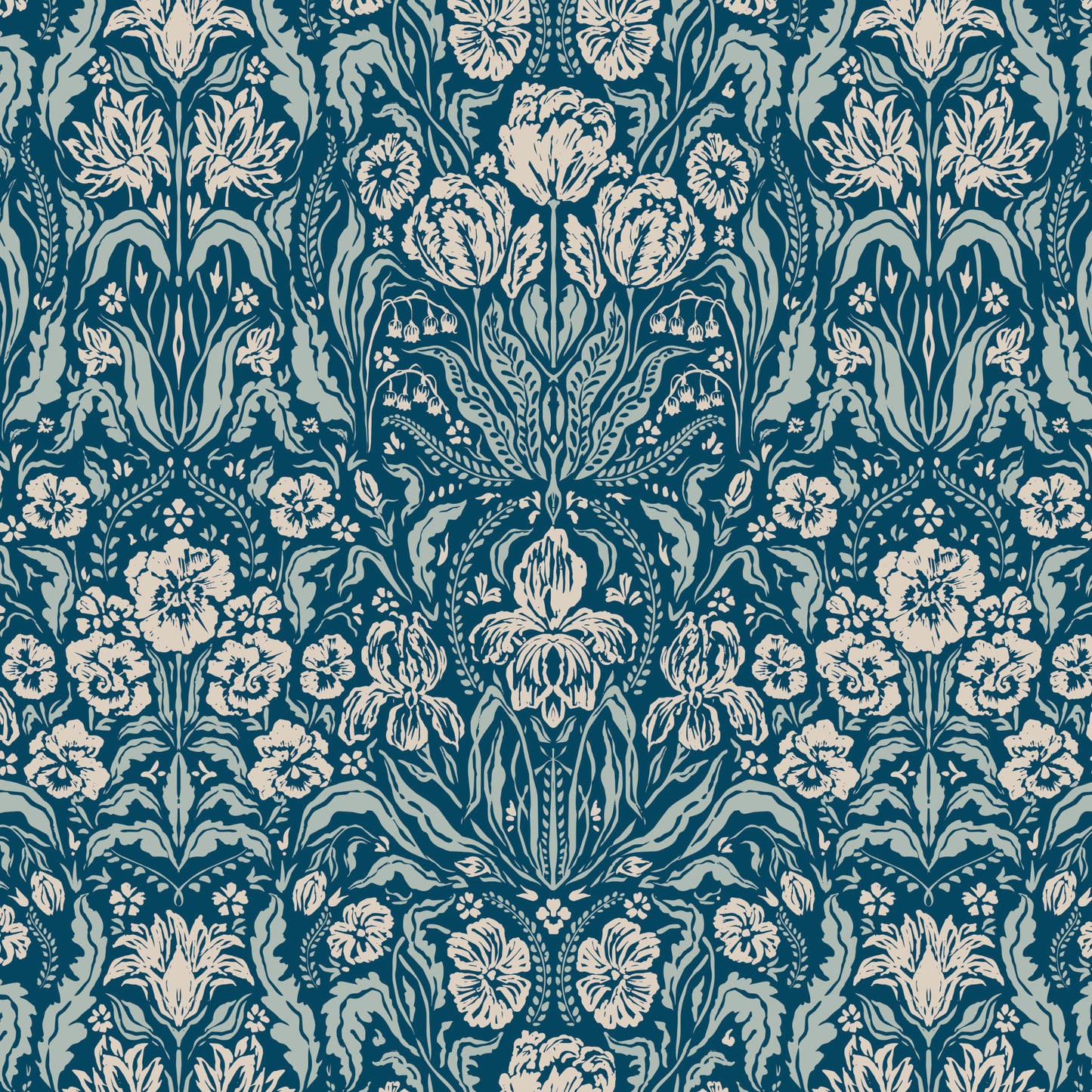 Heritage Spring Wallpaper in Teal and Navy shown close up.
