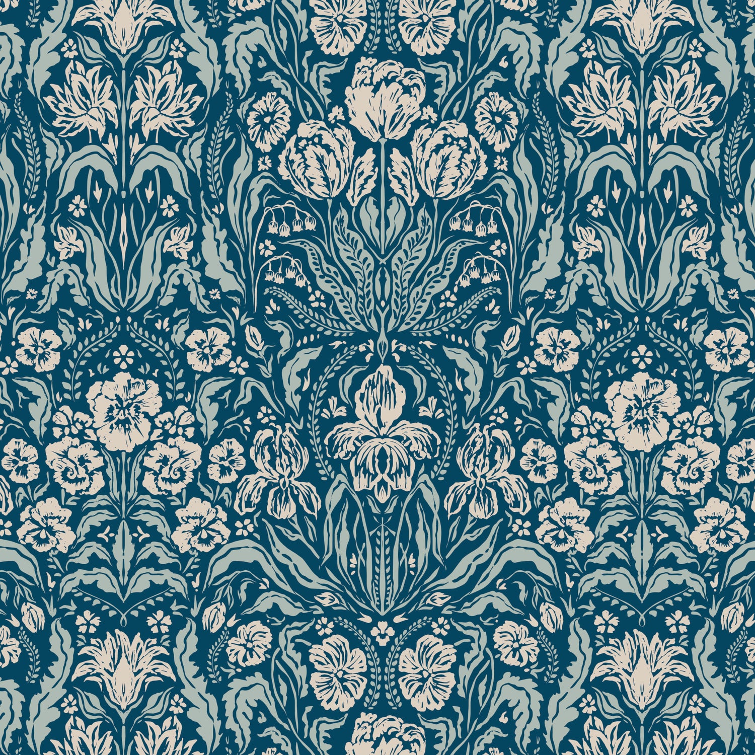Heritage Spring Wallpaper in Teal and Navy shown close up.