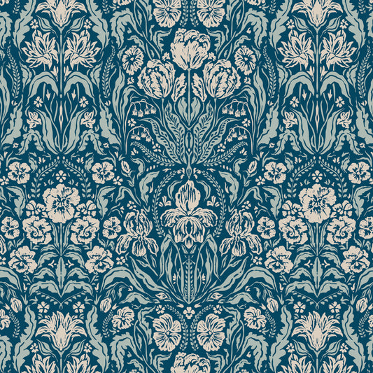 Heritage Spring Wallpaper in Teal and Navy shown close up.