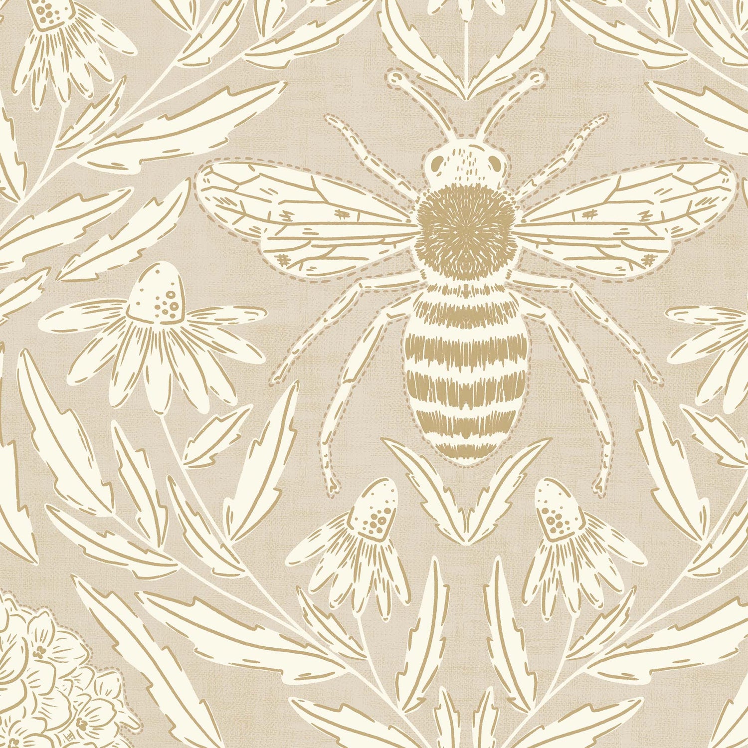 Featuring a stunning classic design of florals and bees, this wallpaper will bring a sense of luxury and sophistication shown zoomed in.