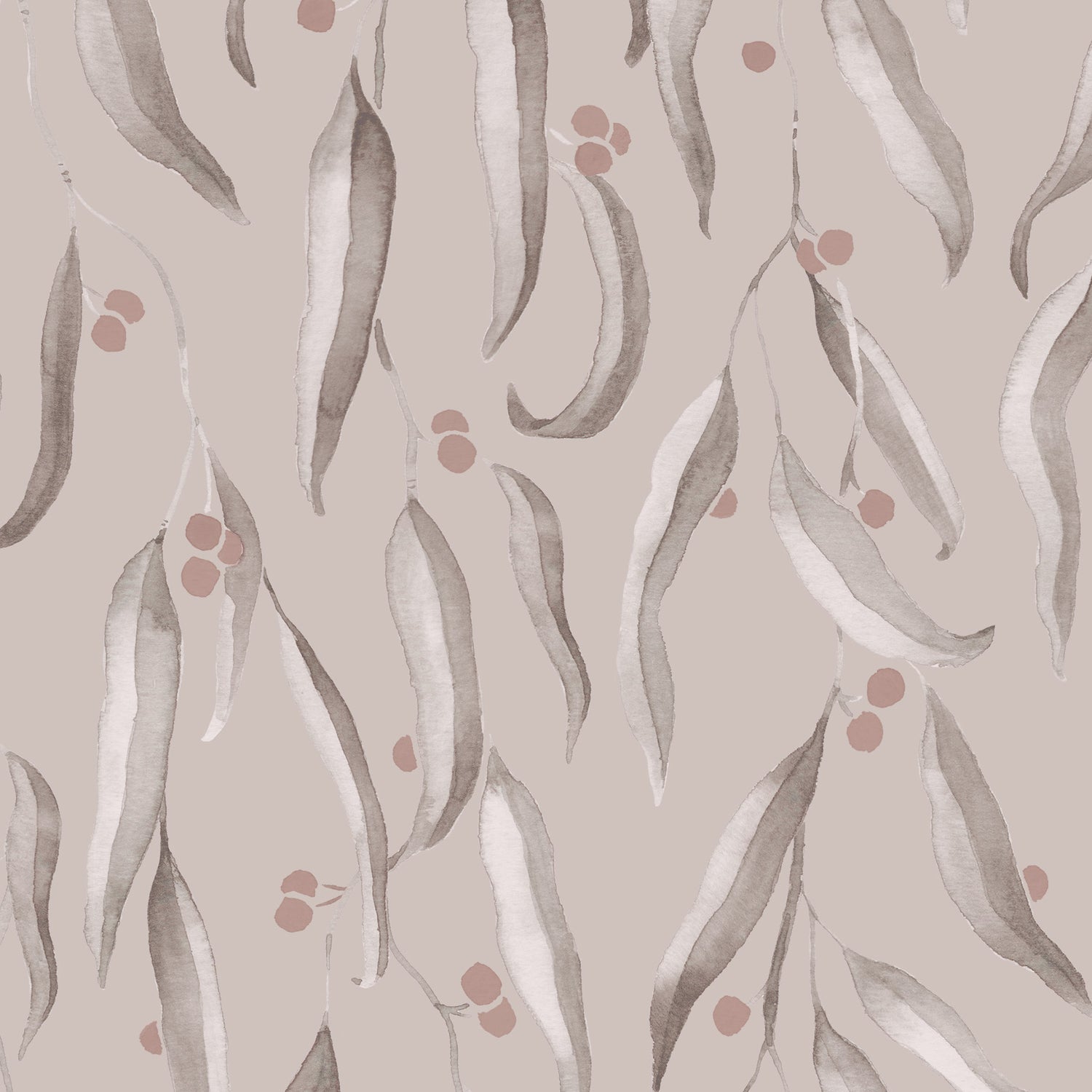 Patterned wallpaper with small floral elements, berries, and stems on a light background
