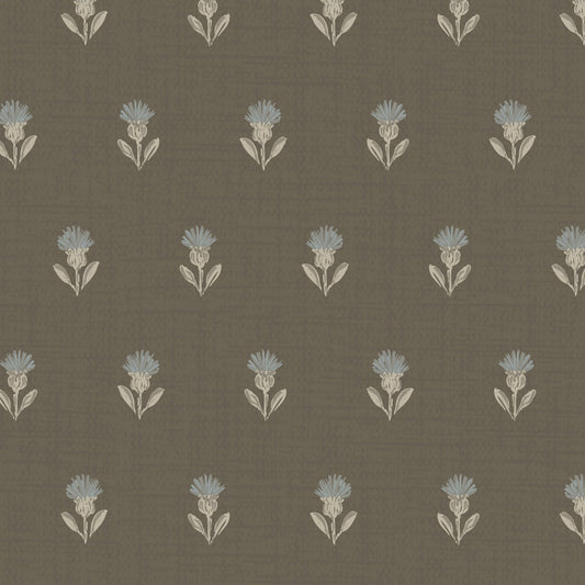 Pattern of small blue thistle flowers on a khaki brown background